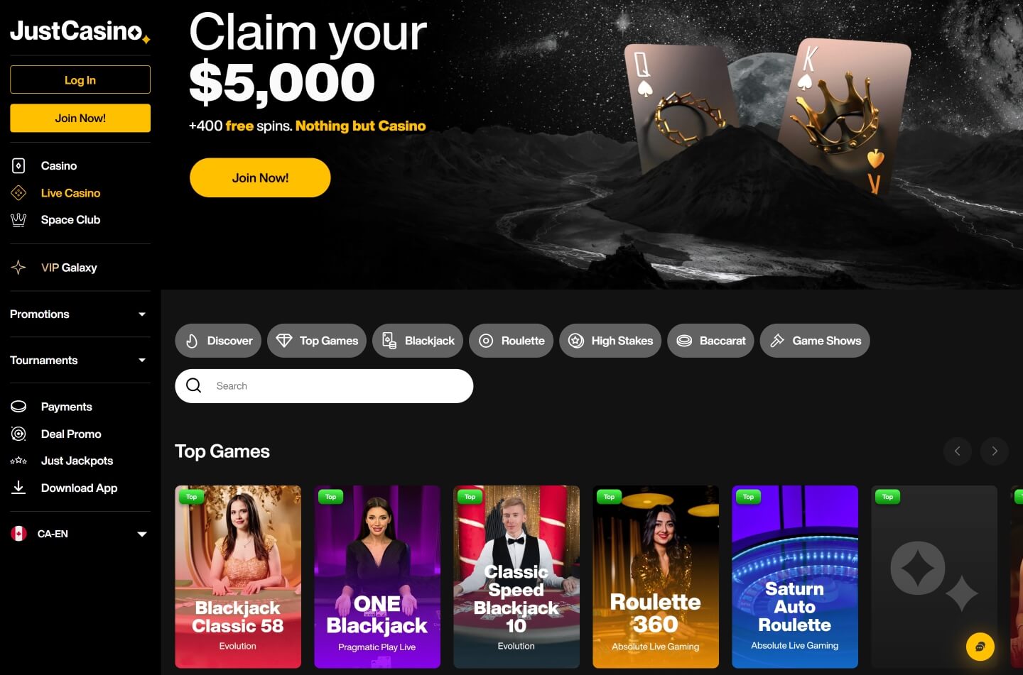 JustCasino casino screenshot 1