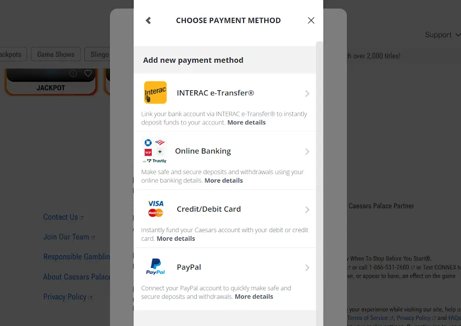 Caesars Payment method screenshot