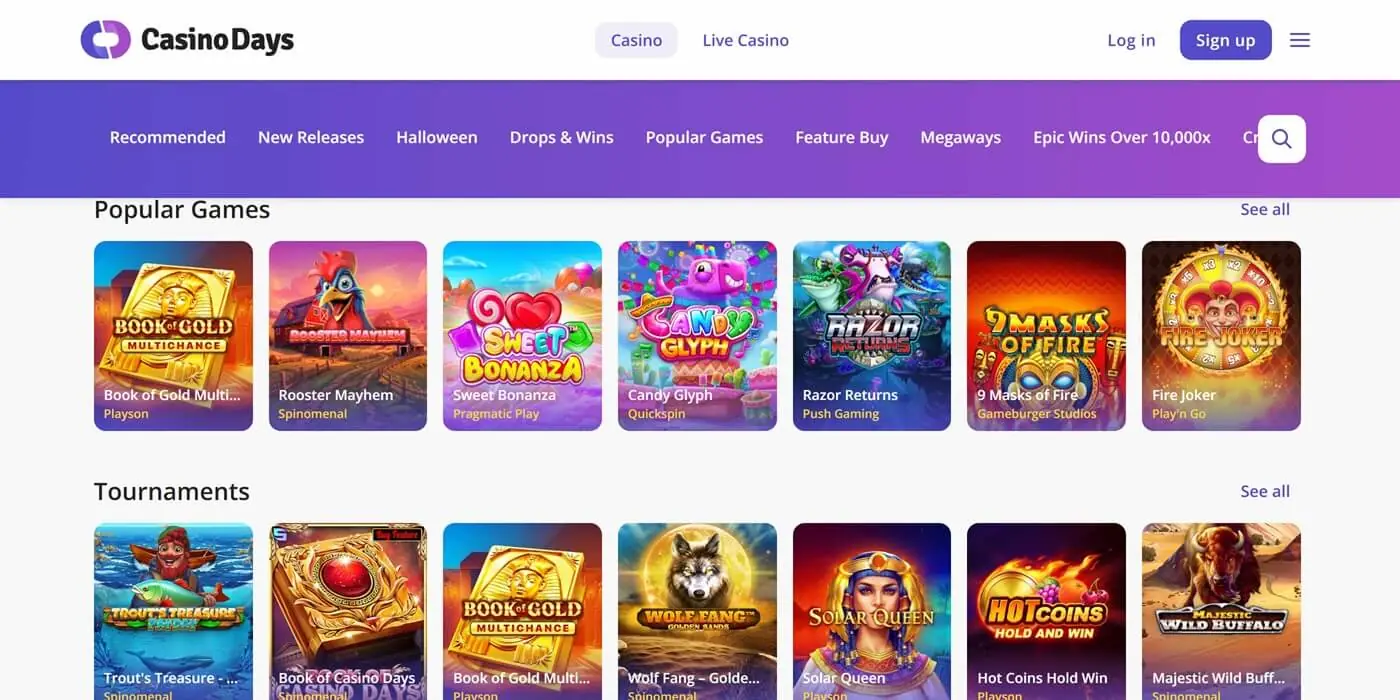 Some popular games and tournament games at Casino Days Alberta