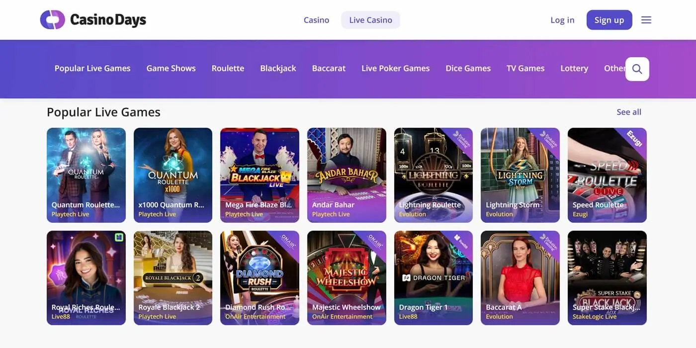 Selection of Live dealer games at Casino Days Alberta