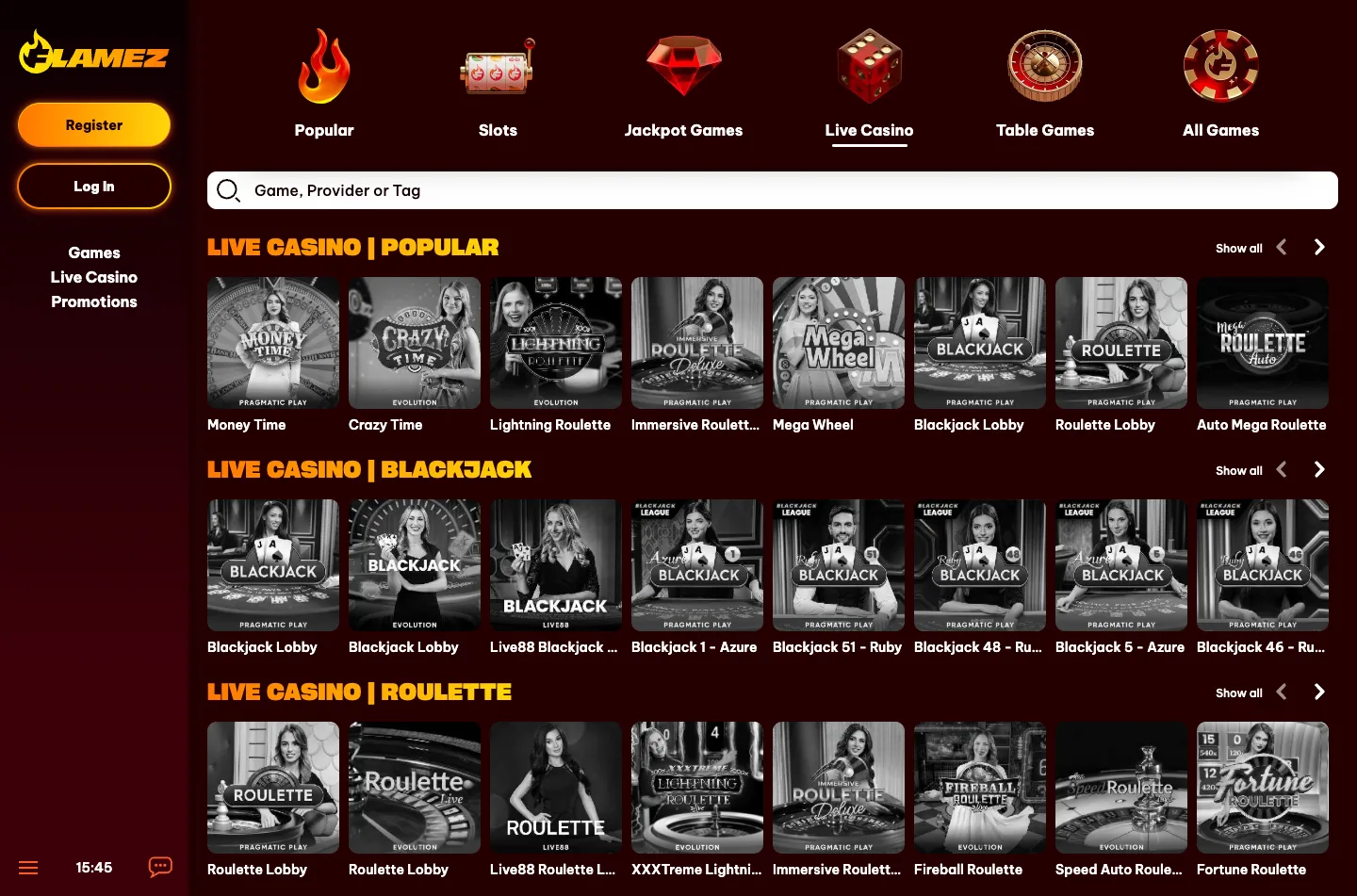 Flamez casino screenshot 3
