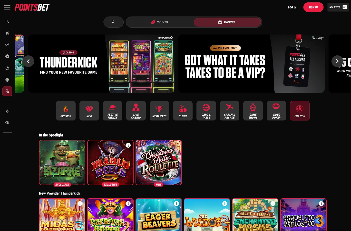 PointsBet's lobby screenshot