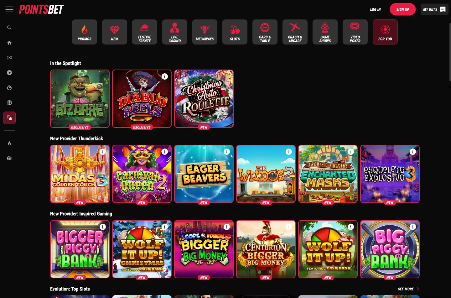 PointsBet's lobby screenshot